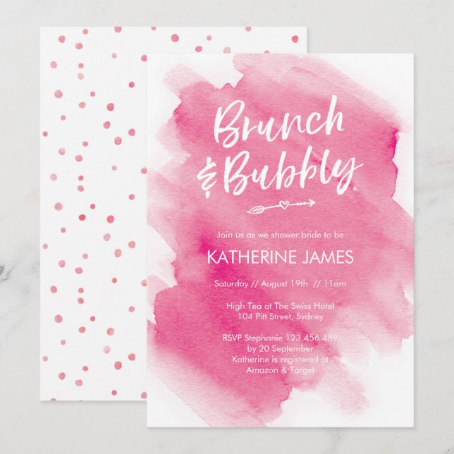 Pink Watercolour Brunch & Bubbly Shower invitation (Front/Back)
