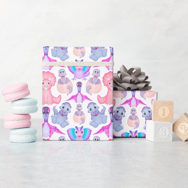 Pink Watercolour Dinosaur Birthday Baby Shower Wrapping Paper (Baby Shower)