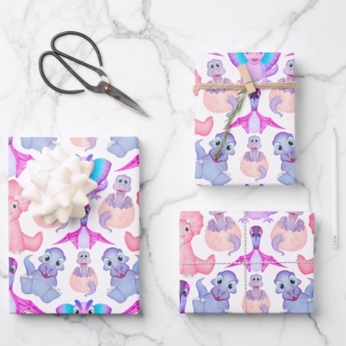 Pink Watercolour Dinosaur Birthday Baby Shower Wrapping Paper Sheets