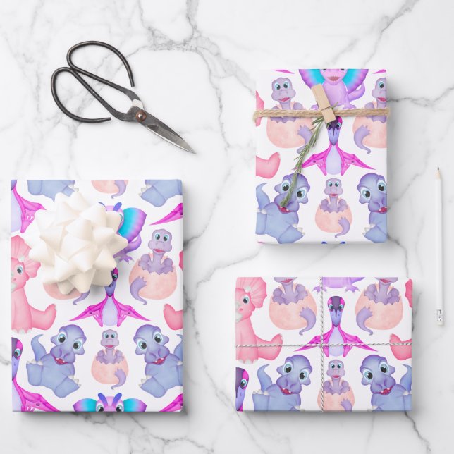 Pink Watercolour Dinosaur Birthday Baby Shower Wrapping Paper Sheets (Front)