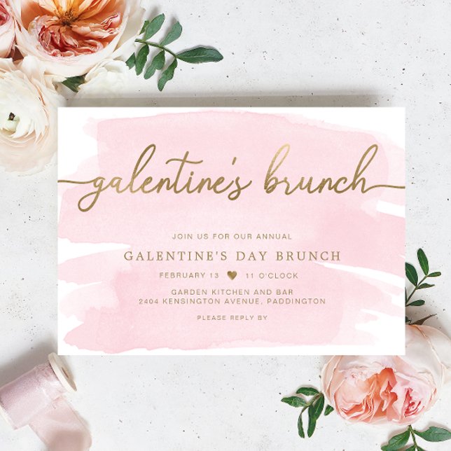 Pink Watercolour Galentine's Day Brunch Invitation (Galentines Brunch Invitation Pink Watercolour Gold )