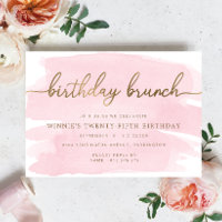 Pink Watercolour Gold Birthday Brunch Invitation