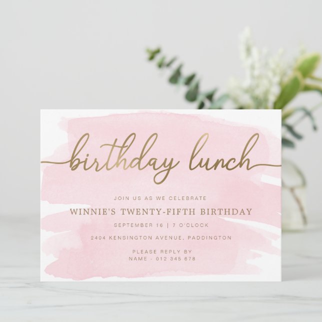 Pink Watercolour Gold Birthday Lunch Invitation (Standing Front)