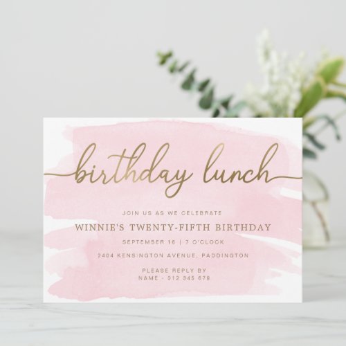 Pink Watercolour Gold Birthday Lunch Invitation