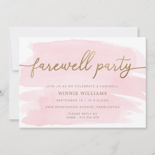 Pink Watercolour Gold Farewell Party Invitation