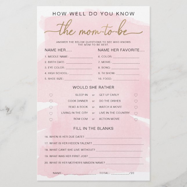 Pink Watercolour Gold Know The Mom-to-be Game (Front)
