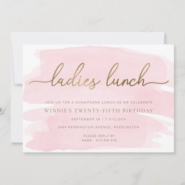 Pink Watercolour Gold Ladies Lunch Invitation (Front)