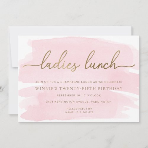 Pink Watercolour Gold Ladies Lunch Invitation