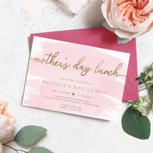 Pink Watercolour Gold Mothers Day Lunch Invitation