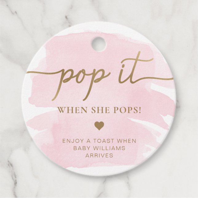 Pink Watercolour Gold Pop When She Pops Favor Tag (Front)