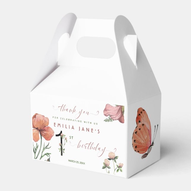 Pink Watercolour Little Poppies 1st Birthday Favor Boxes (Front Side)