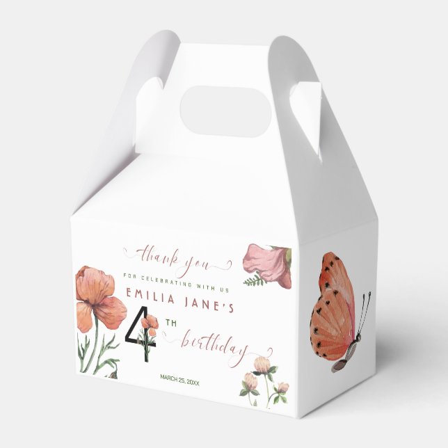 Pink Watercolour Little Poppies 4th Birthday Favor Boxes (Front Side)