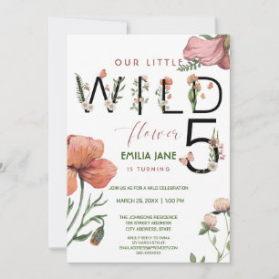 Pink Watercolour Little Poppies 5th Birthday Invitation