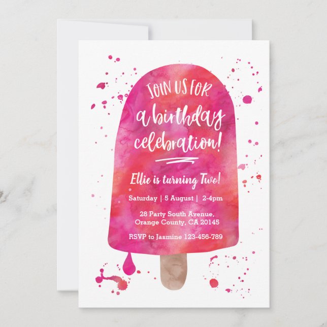 Pink Watercolour Popsicle Birthday Invitation (Front)