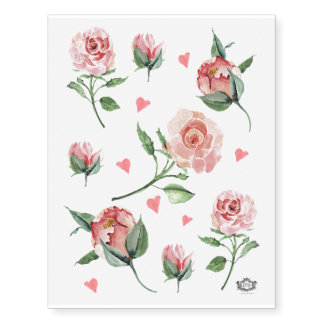 Pink watercolour roses and hearts temporary tattoos