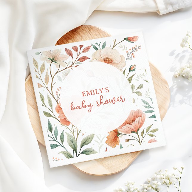 Pink Watercolour Wildflower Baby Shower Napkins (Pink watercolor boho wildflower napkin for a joyful and relaxed baby shower)