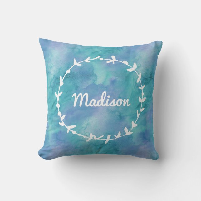 Pink Watercolour wreath personalized pillow (Front)
