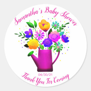 Pink Watering Pot & Yellow Pink Flower Baby Shower Classic Round Sticker