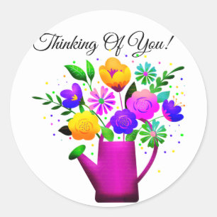 Pink Watering Pot & Yellow Pink Flowers Classic Round Sticker