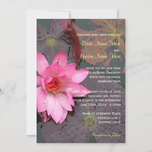 Pink waterlily flower wedding invitation (Front)