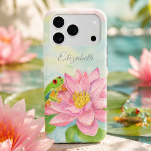 Pink Waterlily & Tree Frog Personalized iPhone 17 Pro Case