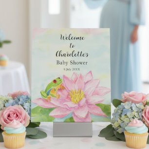 Pink Waterlily & Tree Frog Welcome Baby Shower Pedestal Sign