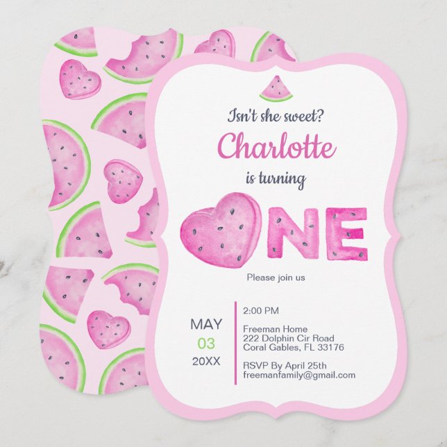 Pink Watermelon 1st Birthday Party Invitation (Front/Back)