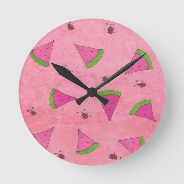 Pink Watermelon and Lady Bugs Round Clock (Front)