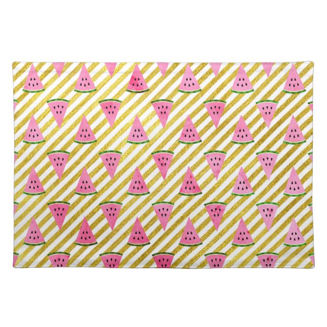 Pink Watermelon and Yellow Stripe Summer Pattern Cloth Placemat (Front)