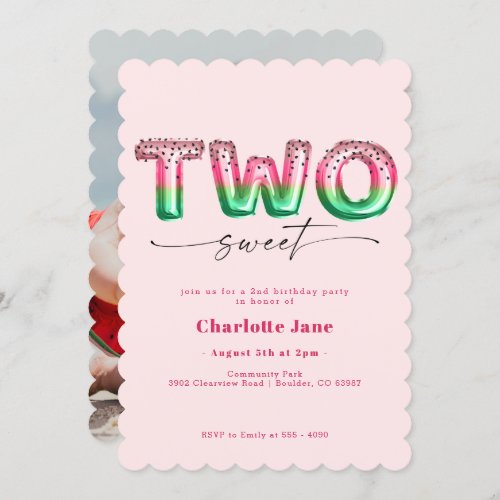 Pink Watermelon Balloon 2nd Birthday Invitation