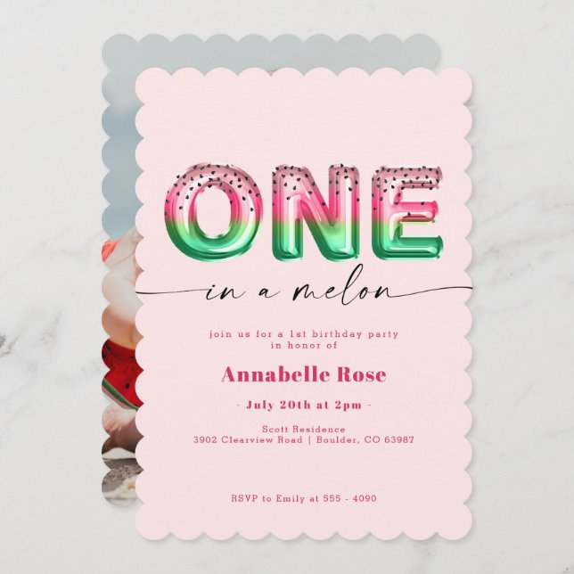 Pink Watermelon Balloon First Birthday Invitation (Front/Back)