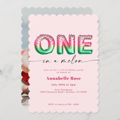 Pink Watermelon Balloon First Birthday Invitation