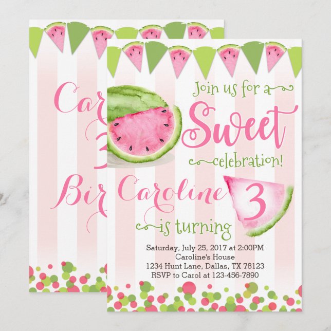 Pink Watermelon Birthday Party Invitation Invite (Front/Back)
