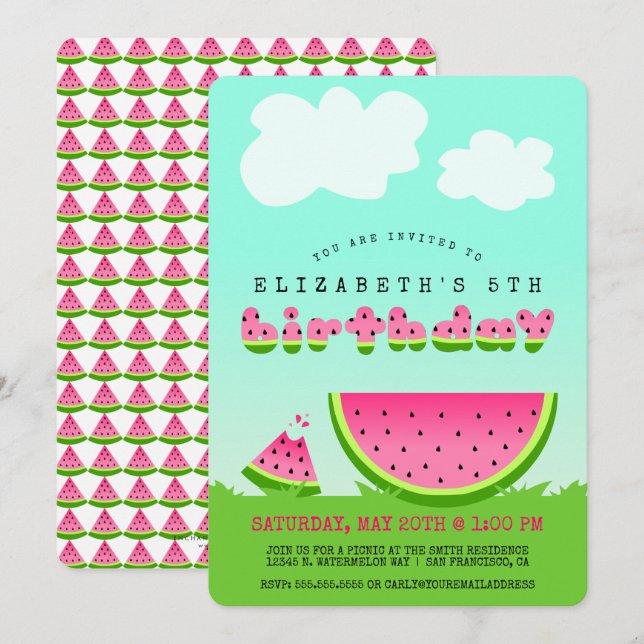 Pink Watermelon Birthday Picnic Party Invitation (Front/Back)