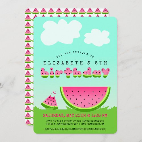 Pink Watermelon Birthday Picnic Party Invitation
