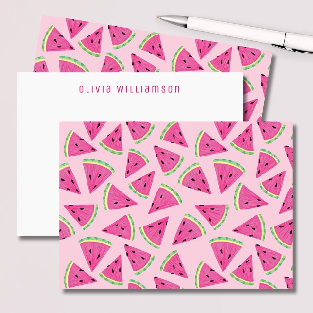 Pink Watermelon Fruit Personalized Note Card (Colorful pink, tropical watermelon slice notecards. Customize with your own name or choice of text.)