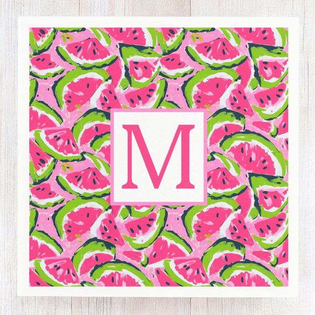 Pink Watermelon Fruit Slices Pattern Monogram Napkins (Creator Uploaded)