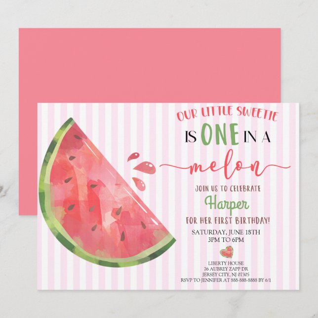 Pink Watermelon One In A Melon 1st Birthday Invitation (Front/Back)