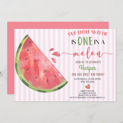 Pink Watermelon One In A Melon 1st Birthday Invitation