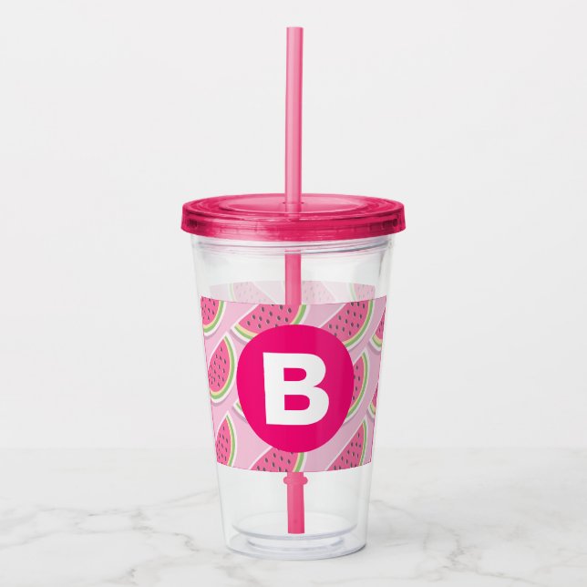 Pink Watermelon Pattern Circle Monogram Acrylic Tumbler (Front)