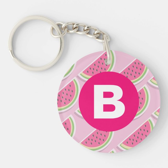 Pink Watermelon Pattern Circle Monogram Keychain (Front)