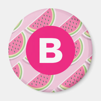 Pink Watermelon Pattern Circle Monogram Magnet