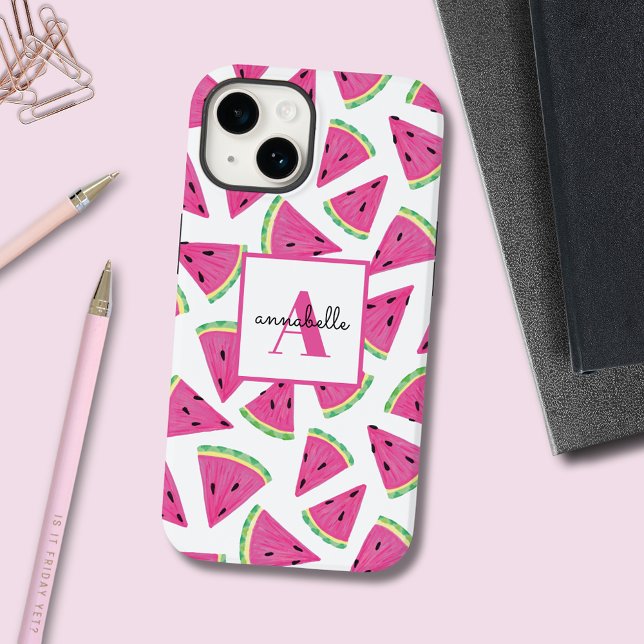 Pink Watermelon Pattern initial first name Iphone Case (Colorful, girly, watermelon pattern phone case with customizable text for initial and first name.)
