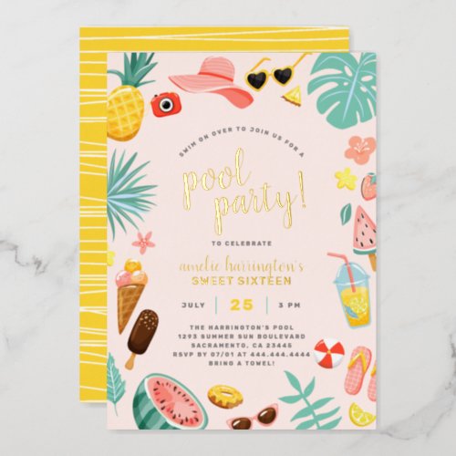 Pink  Watermelon Pineapple Tropical Pool Party Foil Invitation