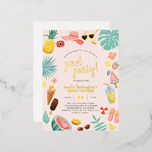 Pink Watermelon Pineapple Tropical Pool Party Foil Invitation Postcard