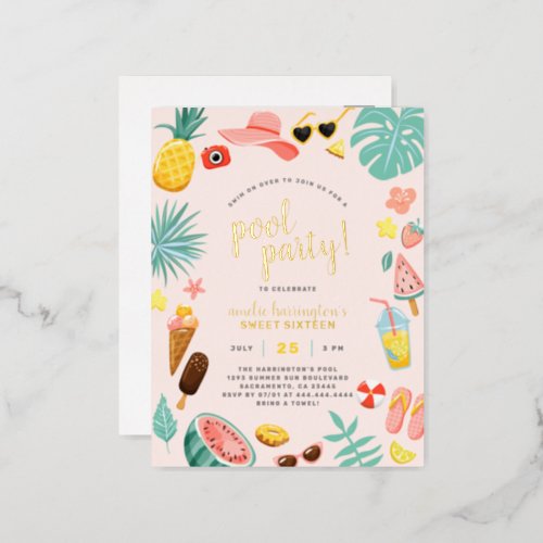 Pink  Watermelon Pineapple Tropical Pool Party Foil Invitation Postcard