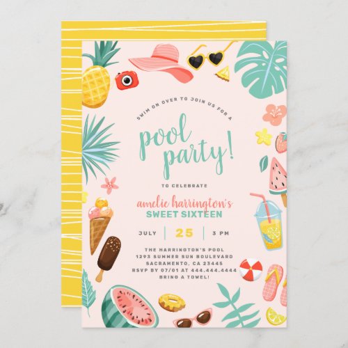 Pink  Watermelon Pineapple Tropical Pool Party Invitation