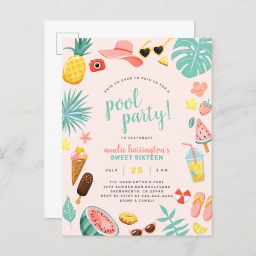 Pink  Watermelon Pineapple Tropical Pool Party Invitation Postcard