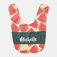 Pink watermelon slices on yellow baby bib