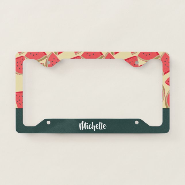 Pink watermelon slices on yellow license plate frame (Front)